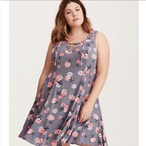 Torrid Trapeze Swing Dress Gray Pink Floral Sleeveless 2X